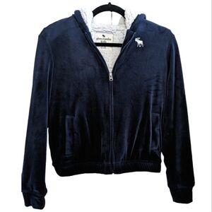 Abercrombie Kids Navy Velour Logoed Lined Hoodie Size 11-12 EUC
